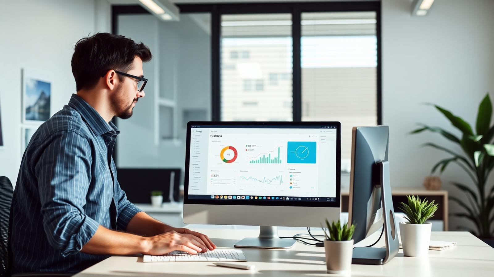 Small business staff member reviewing a simple workflow dashboard on a monitor