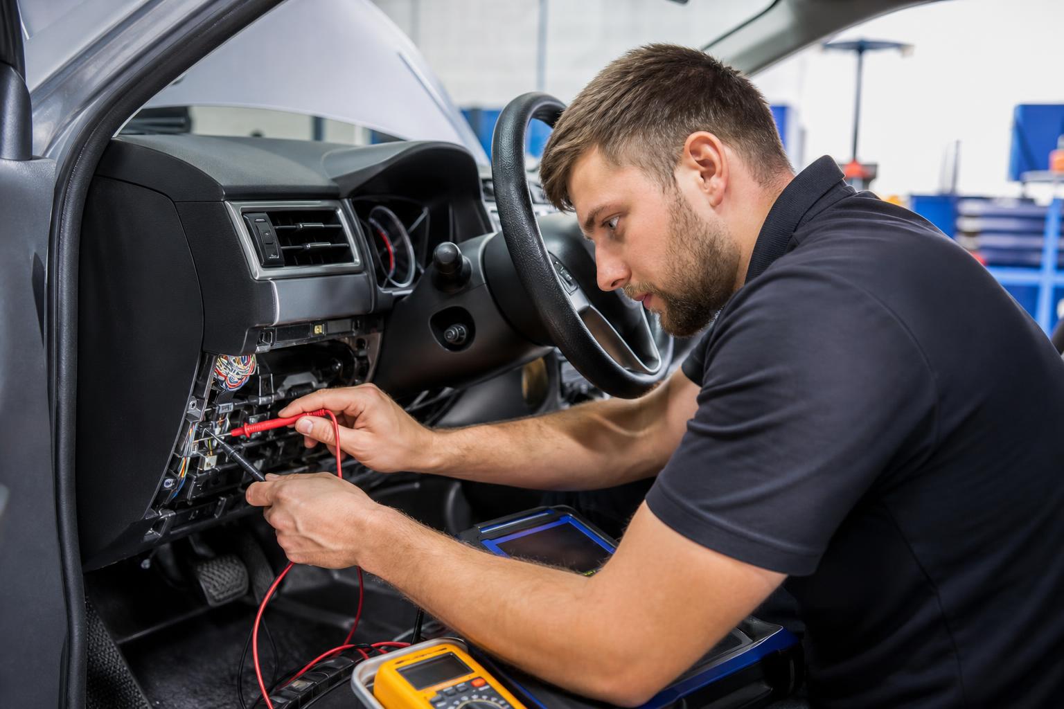 Auto electrician testing dashboard wiring with a multimeter and diagnostic scan tool in an Australian workshop