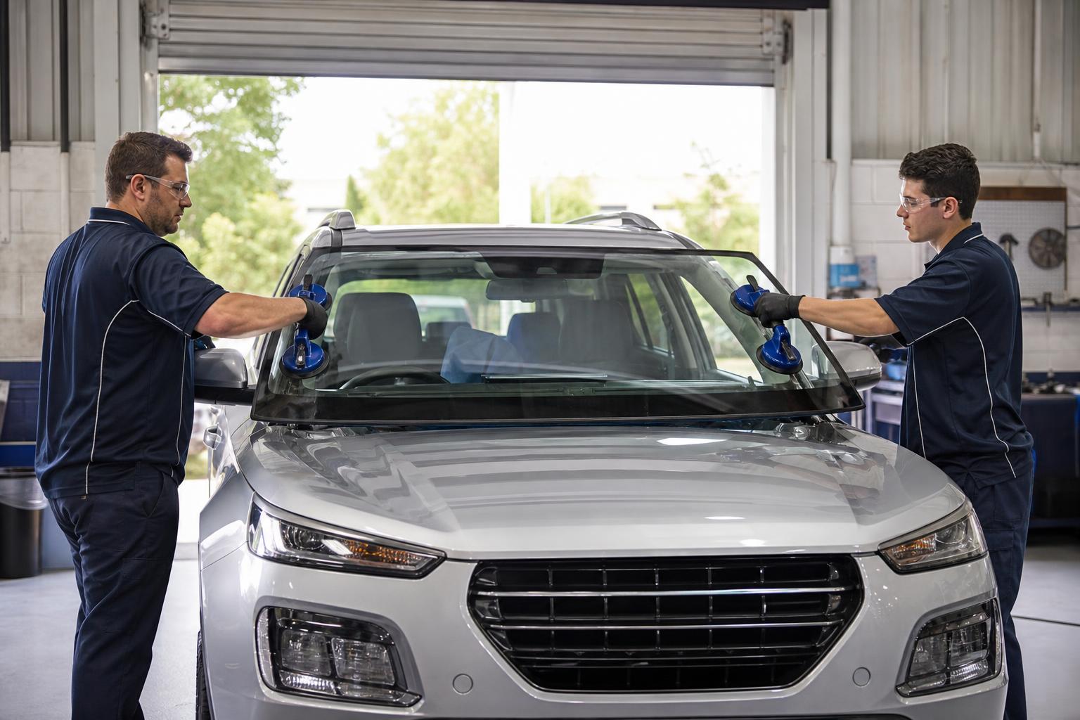 Two auto glass technicians using suction lifters to fit a replacement windscreen to an SUV in an Australian workshop
