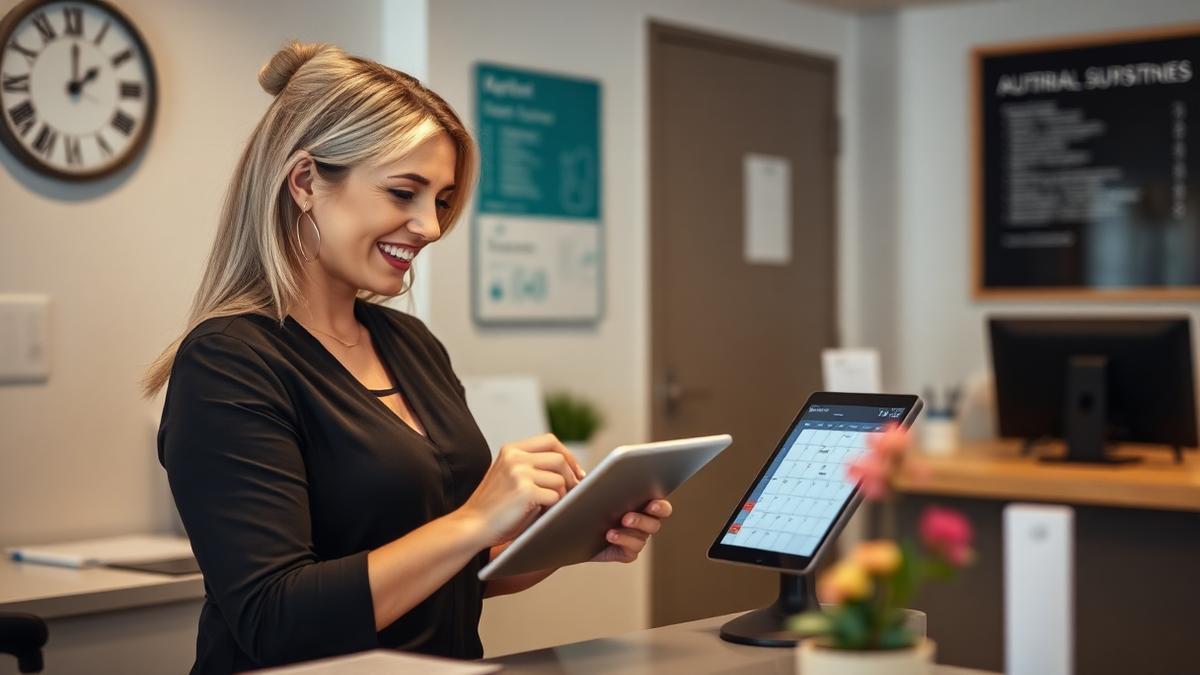 Receptionist checking an appointment calendar on a tablet at a clinic front desk