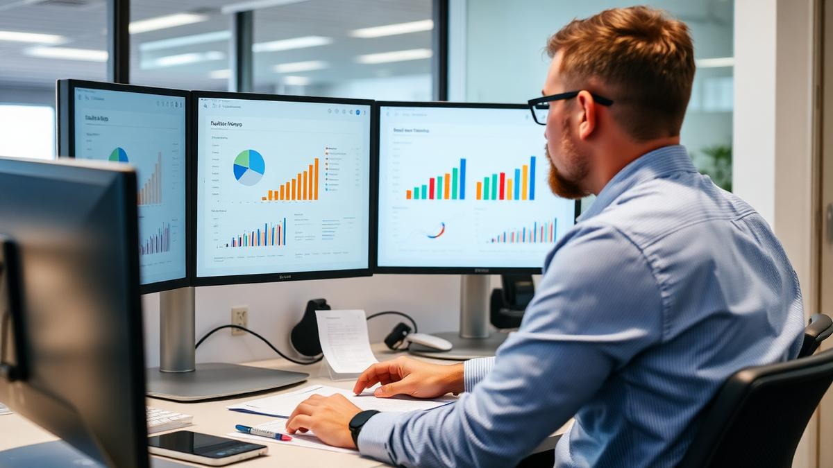Manager reviewing a weekly business report on a monitor in an Australian office