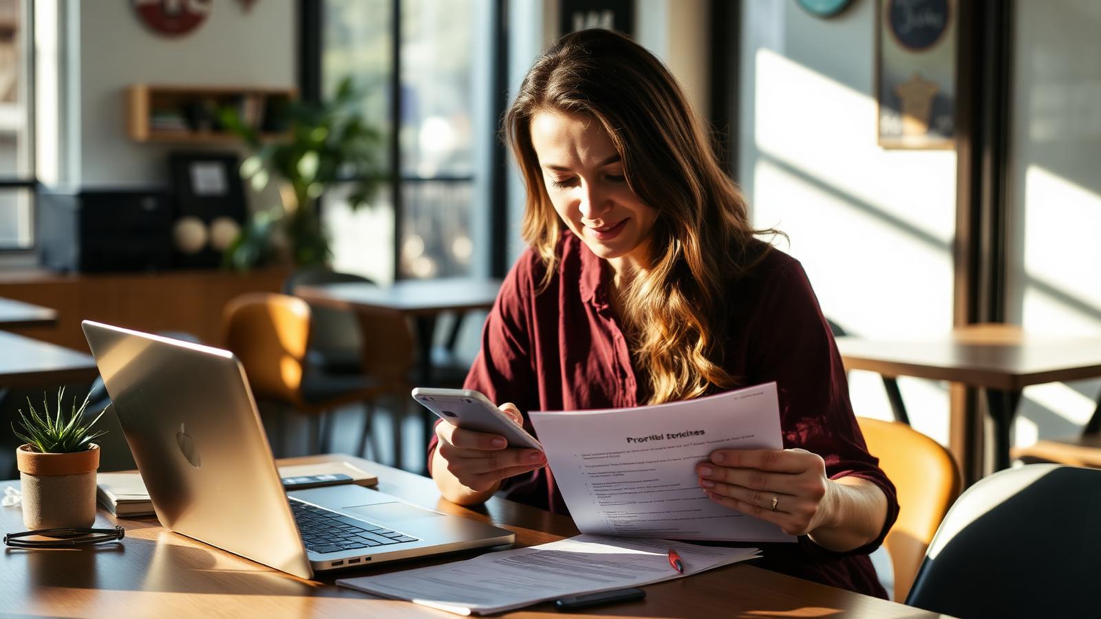 Business owner prioritising a printed task list beside a laptop and mobile phone