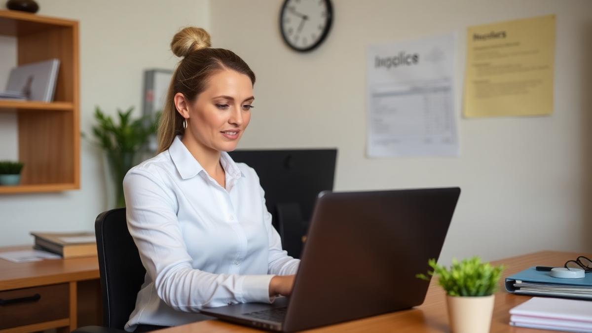 Accounts administrator reviewing outstanding invoices on a laptop in an Australian office