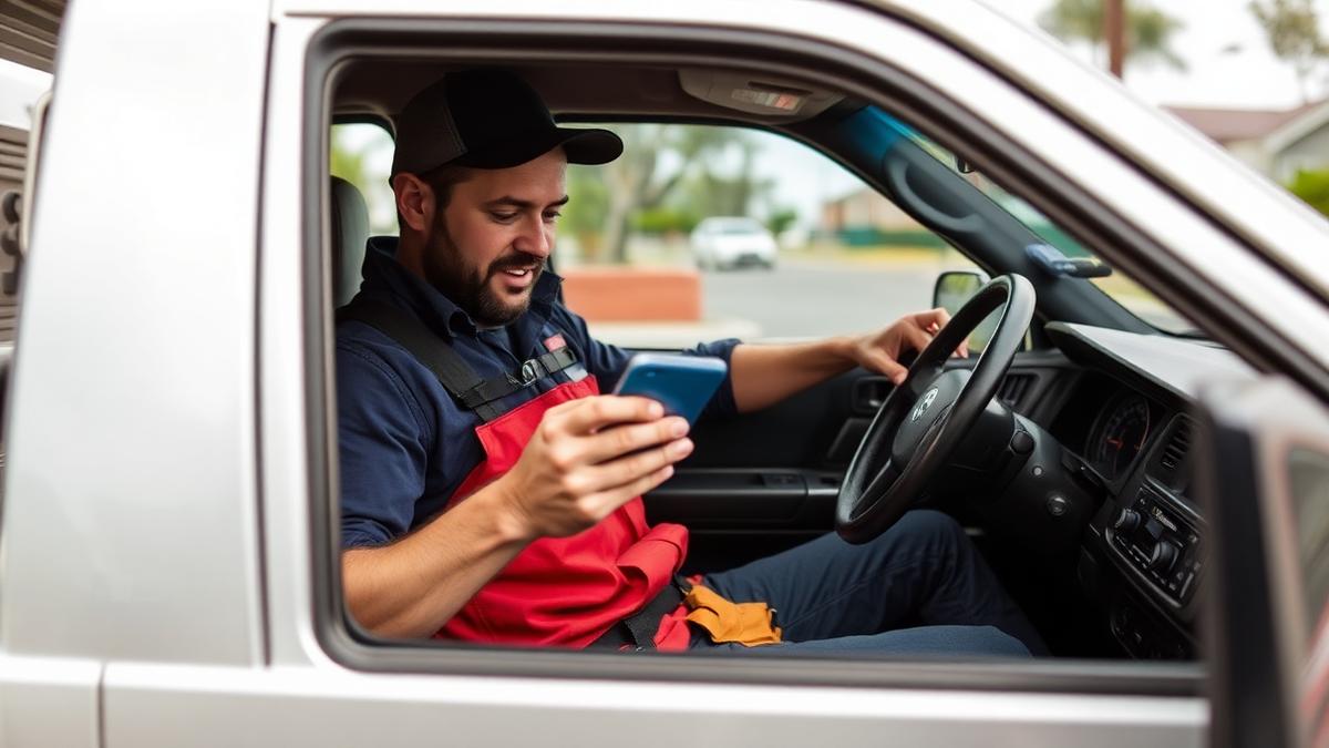 Australian tradesperson reviewing a quote enquiry on a mobile phone in a work ute