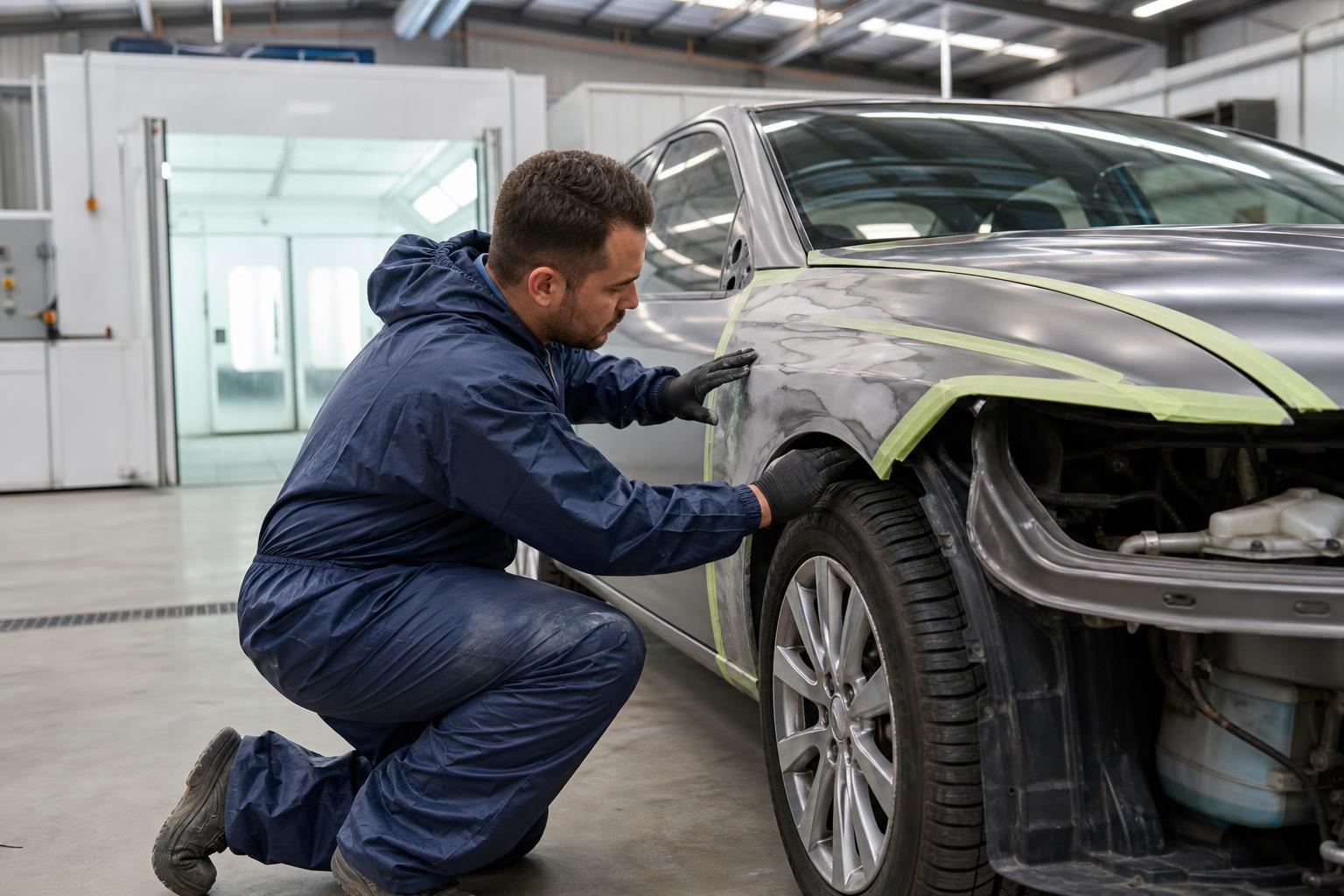 Australian panel beater assessing collision damage on a vehicle in a clean repair workshop
