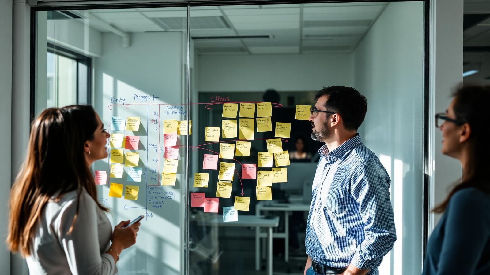 Team mapping a business process with sticky notes and arrows on a glass office wall