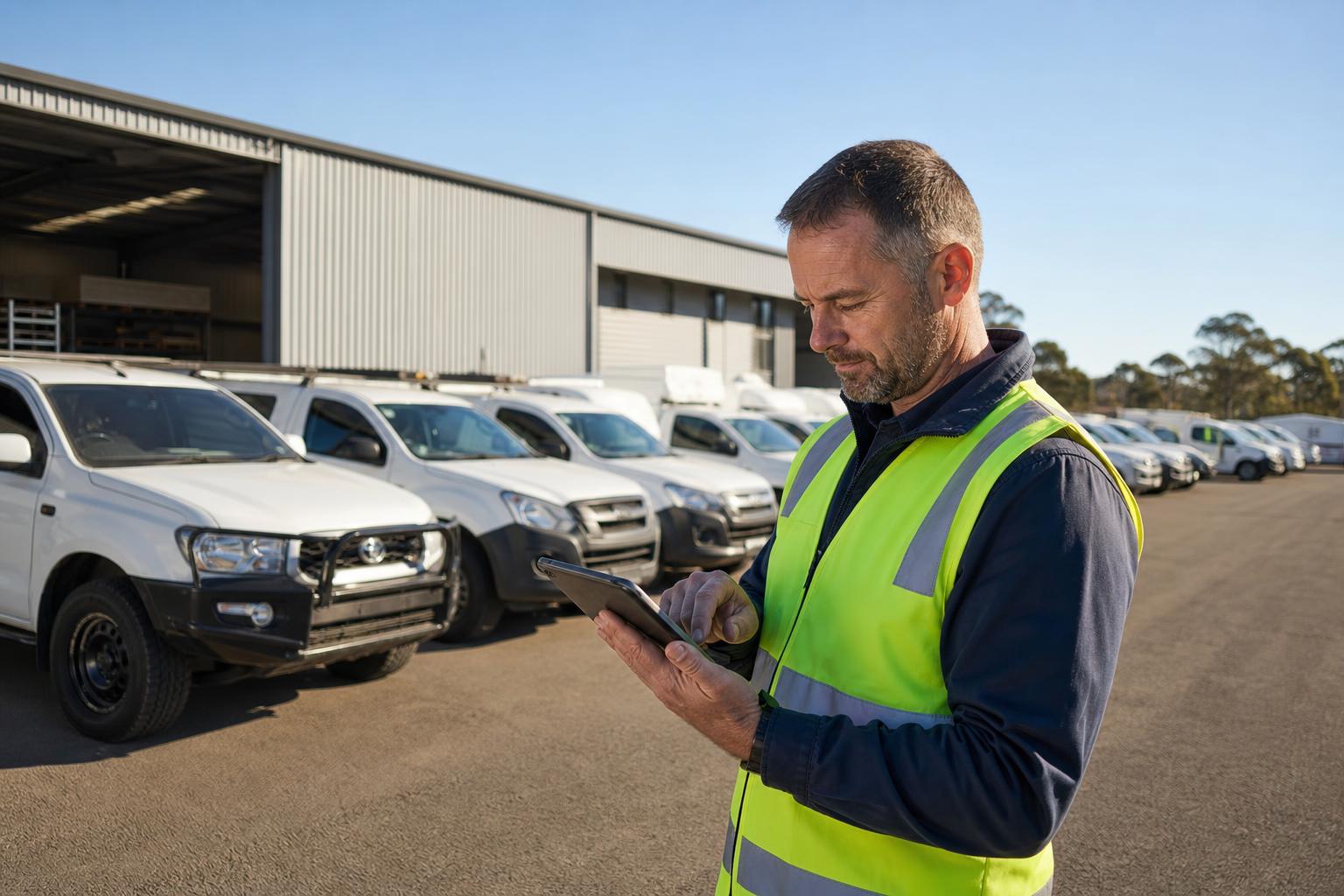 Australian commercial fleet yard with vehicles lined up and a fleet manager reviewing a tablet