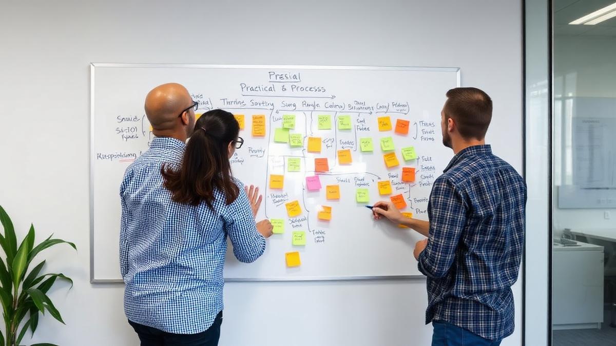 Two colleagues mapping a business process on a whiteboard with sticky notes in a Brisbane office