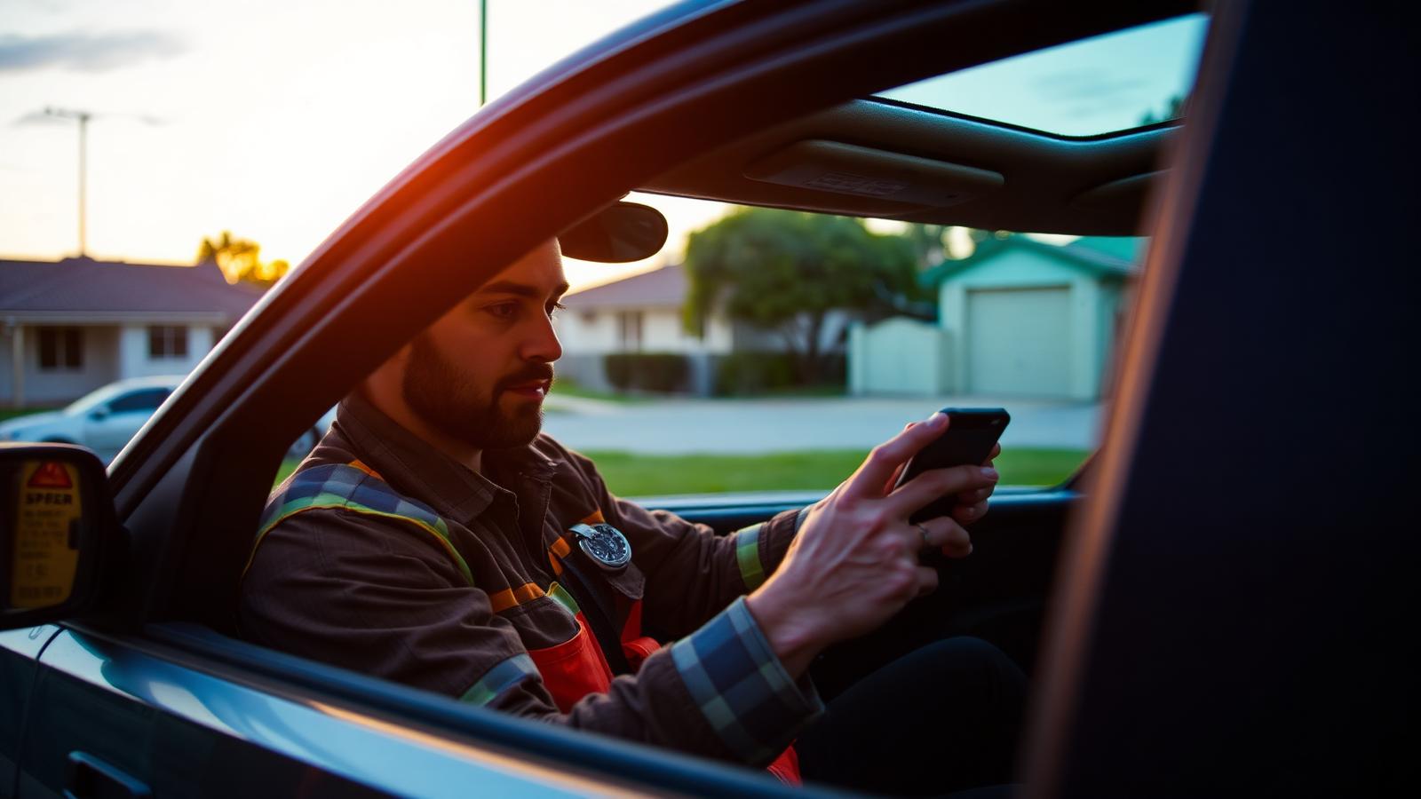 Tradesperson checking a new customer enquiry notification on a mobile phone at dusk
