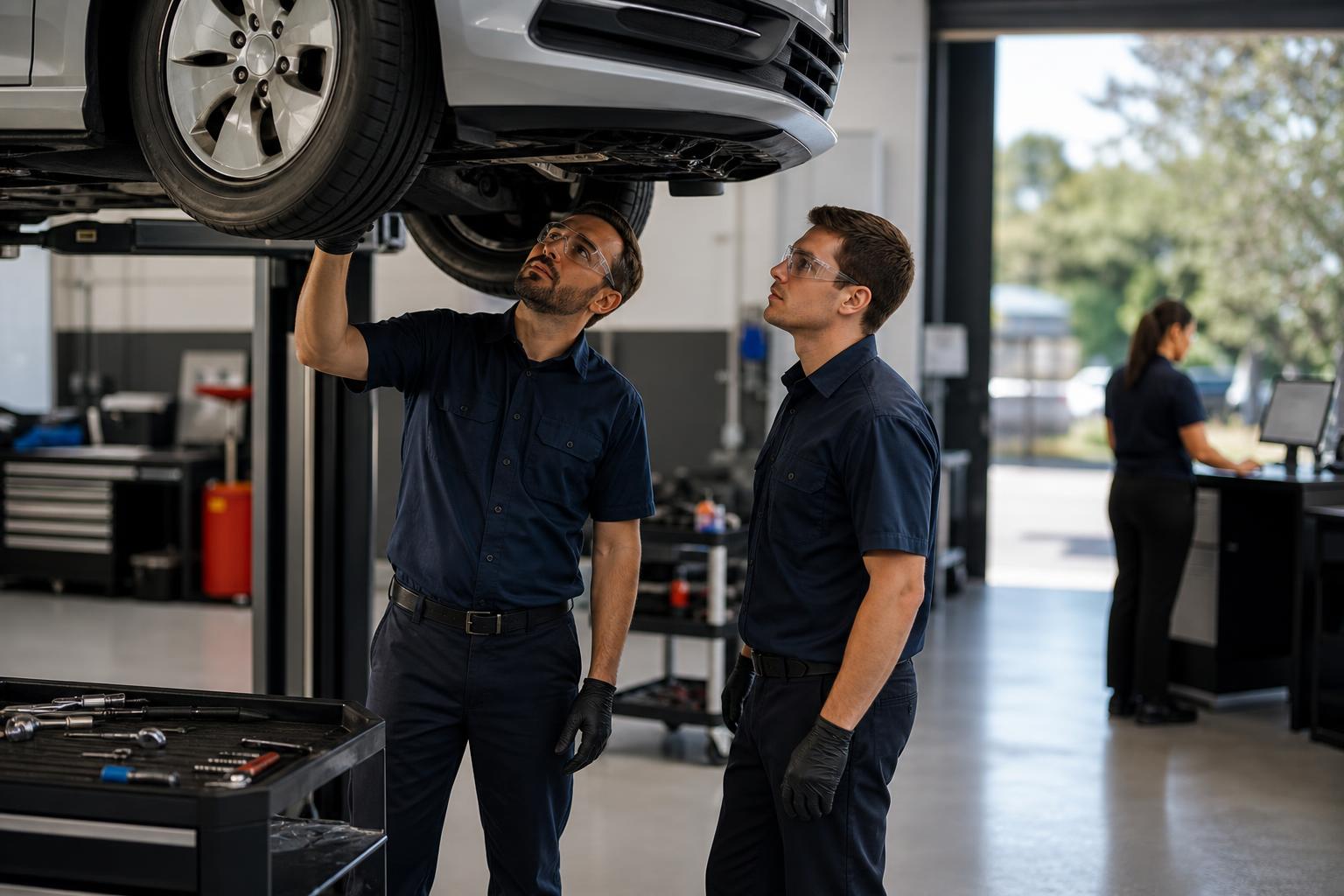 Workshop team reviewing job information on a computer beside the service bays