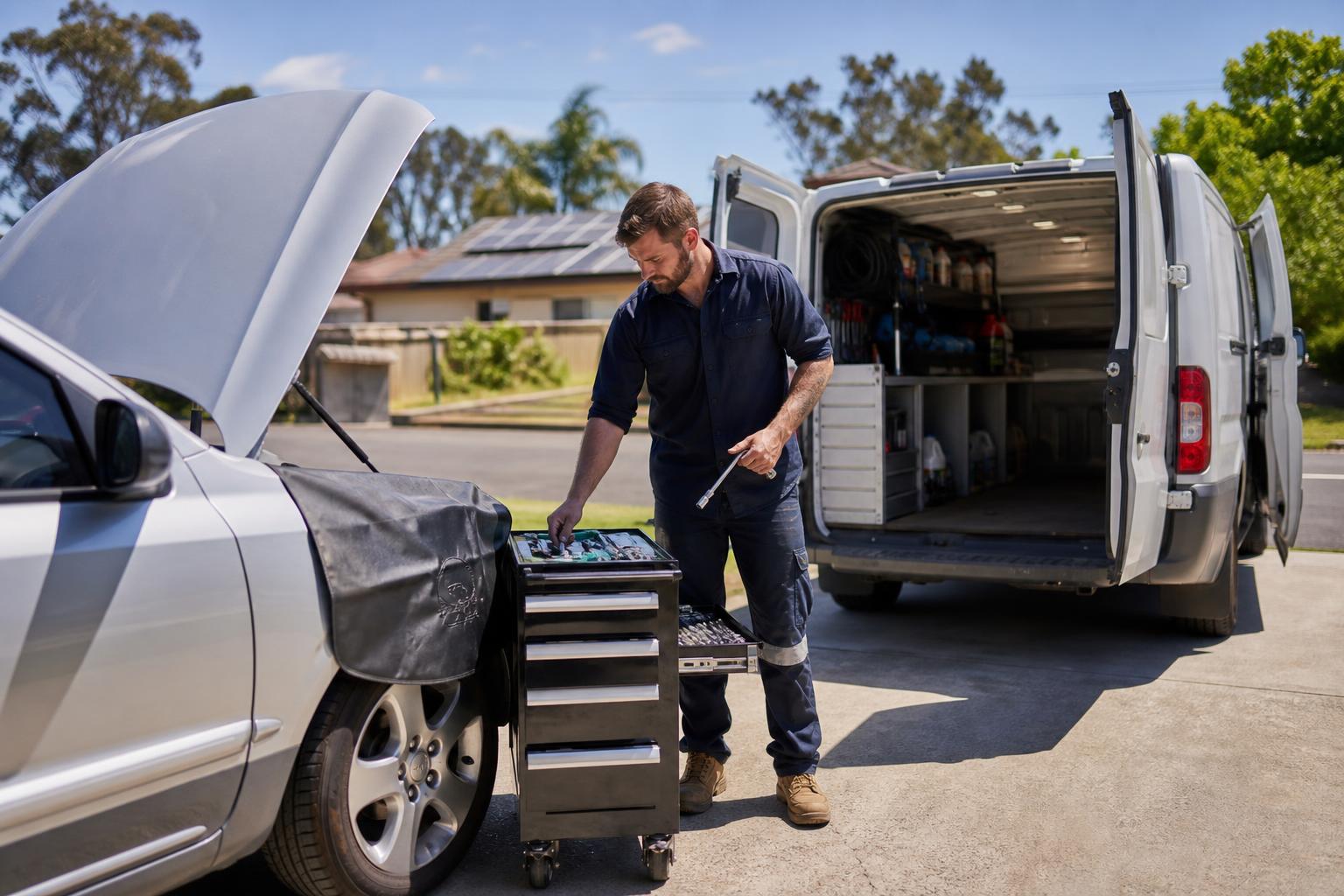 Mobile mechanic working from a fitted-out service van in a suburban Australian driveway