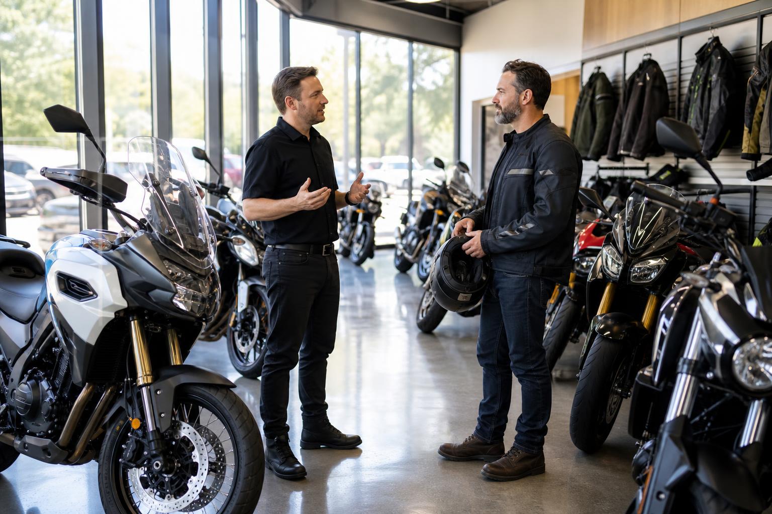 Australian motorcycle dealership showroom with rows of new motorbikes and a salesperson talking with a rider holding a helmet