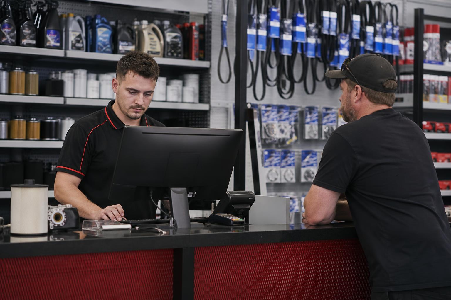 Parts interpreter checking stock at the trade counter of an Australian automotive parts and accessories store