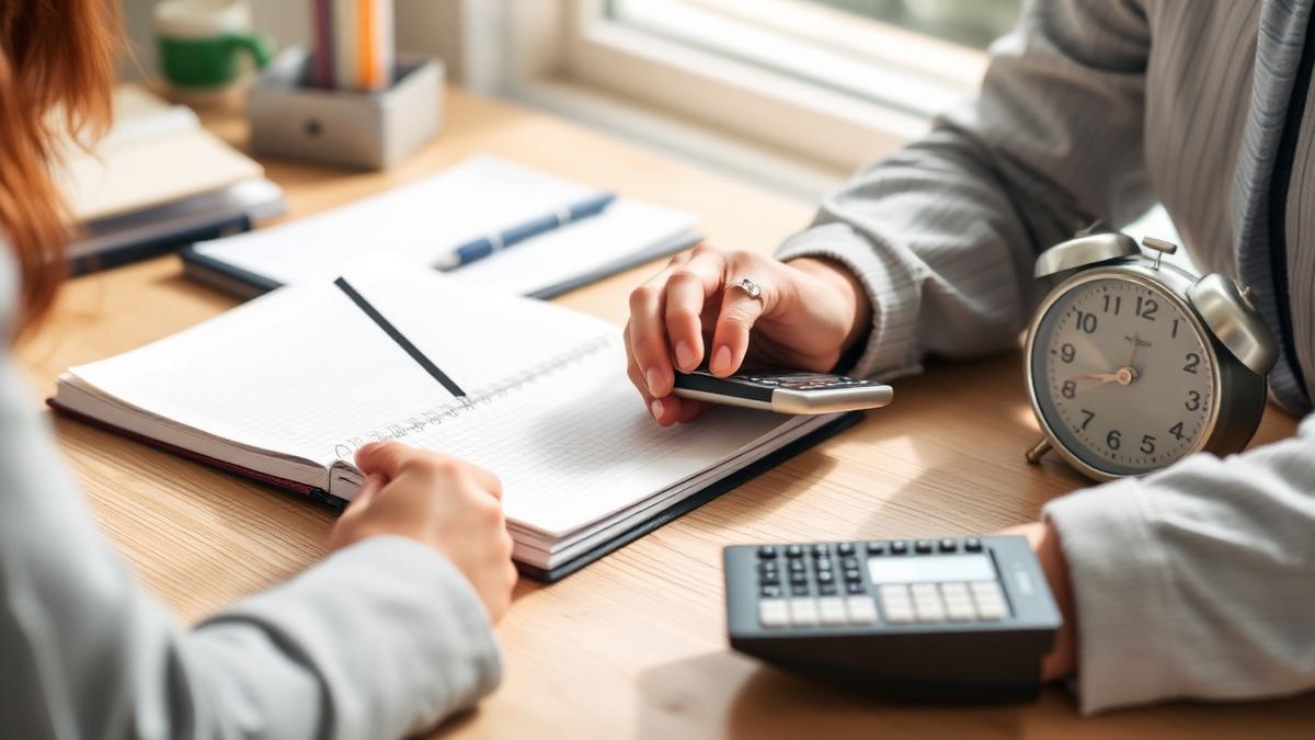 Business owner using a notebook and calculator to work out weekly admin time