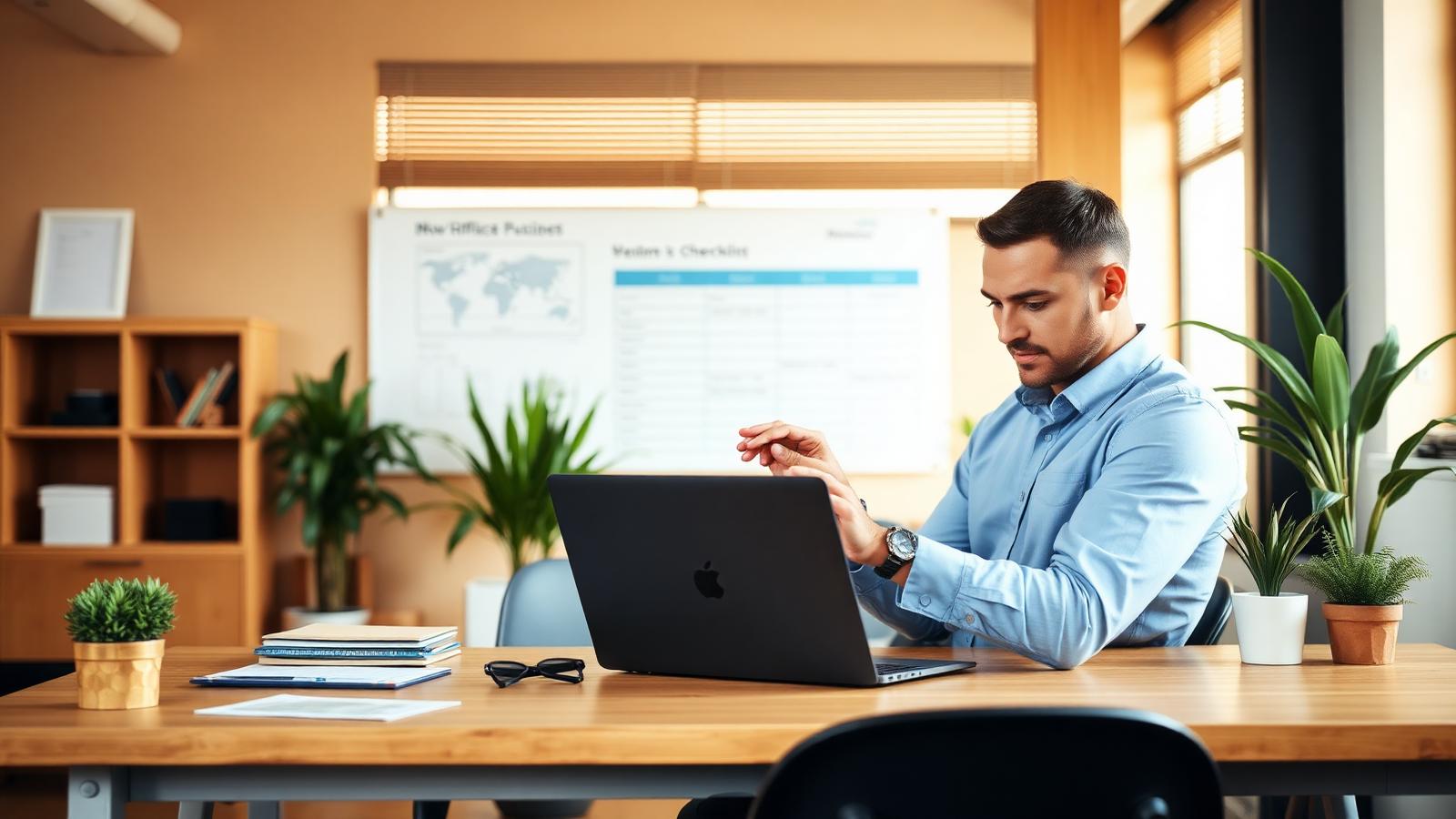 Australian business owner reviewing a workflow checklist on a laptop in a bright office