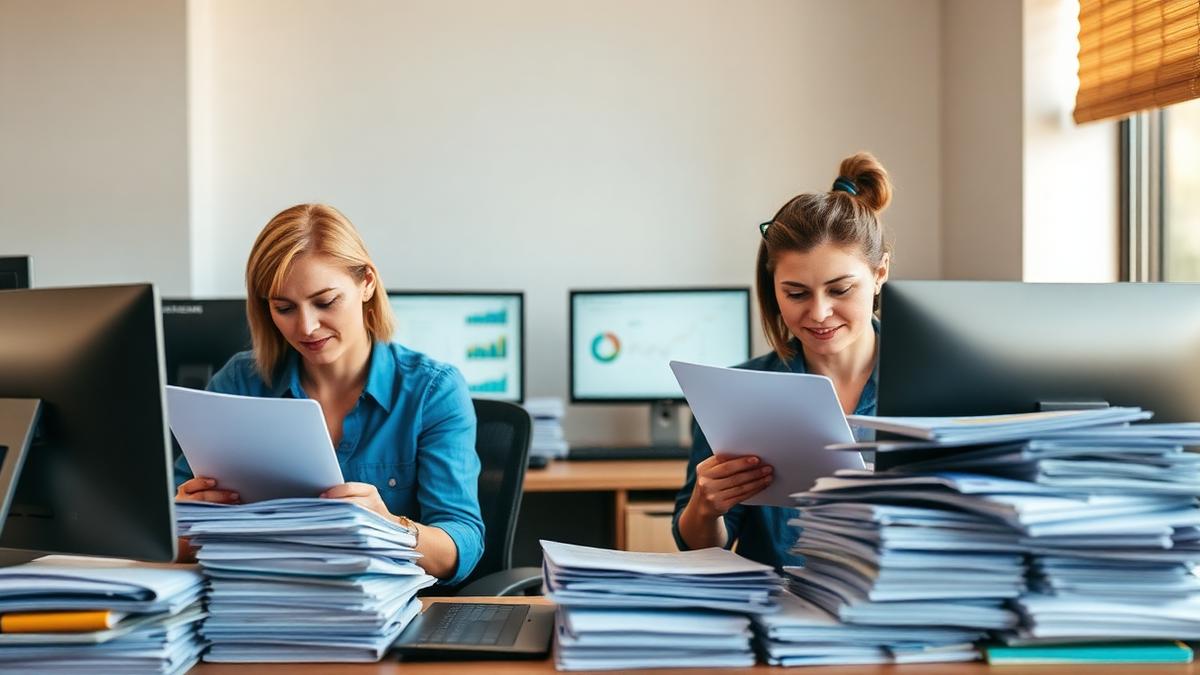 Administration staff working through repetitive paperwork in a small Australian office