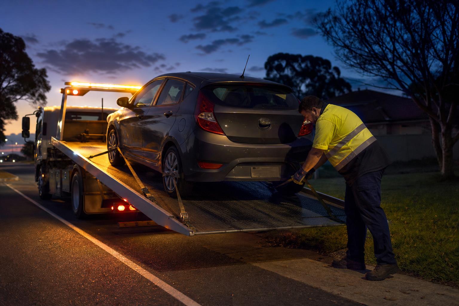 Australian tow truck operator loading a car onto a flatbed at dusk with warning lights on