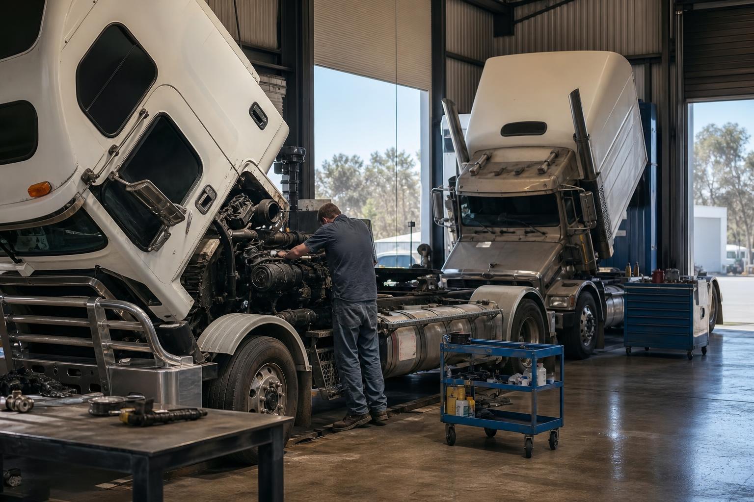 Diesel mechanic working on the engine of a prime mover with the cab tilted forward in an Australian heavy vehicle workshop