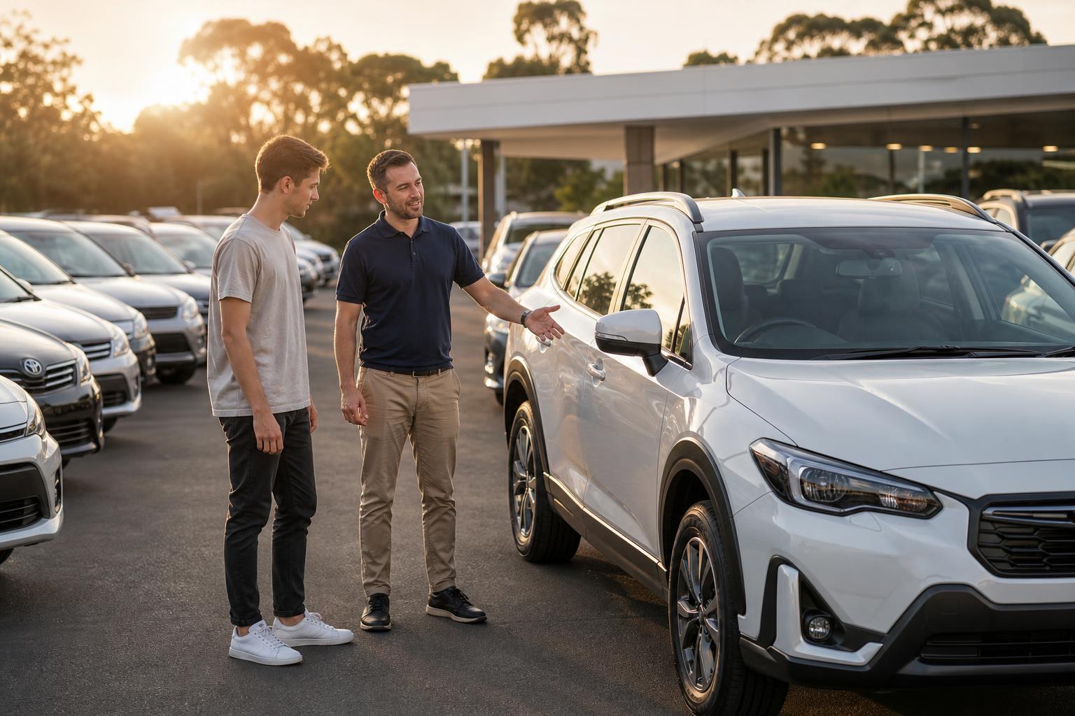 Australian used car dealership yard at sunset with a salesperson helping a customer