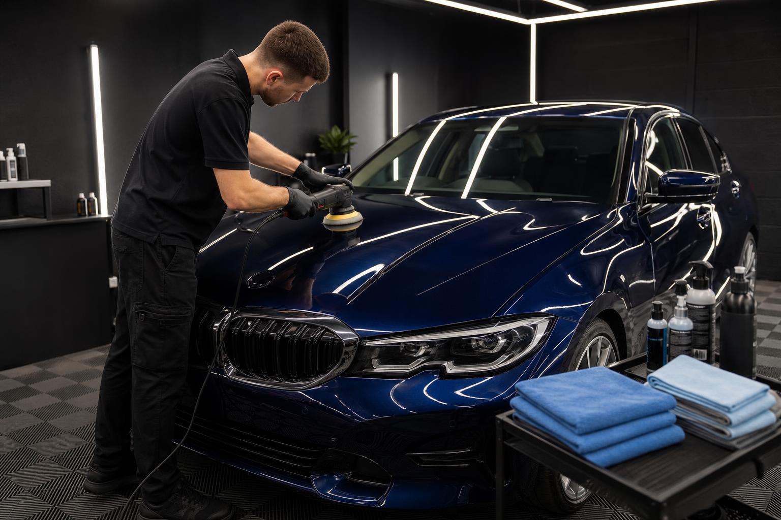 Australian vehicle detailer polishing a dark sedan in a professional detailing bay