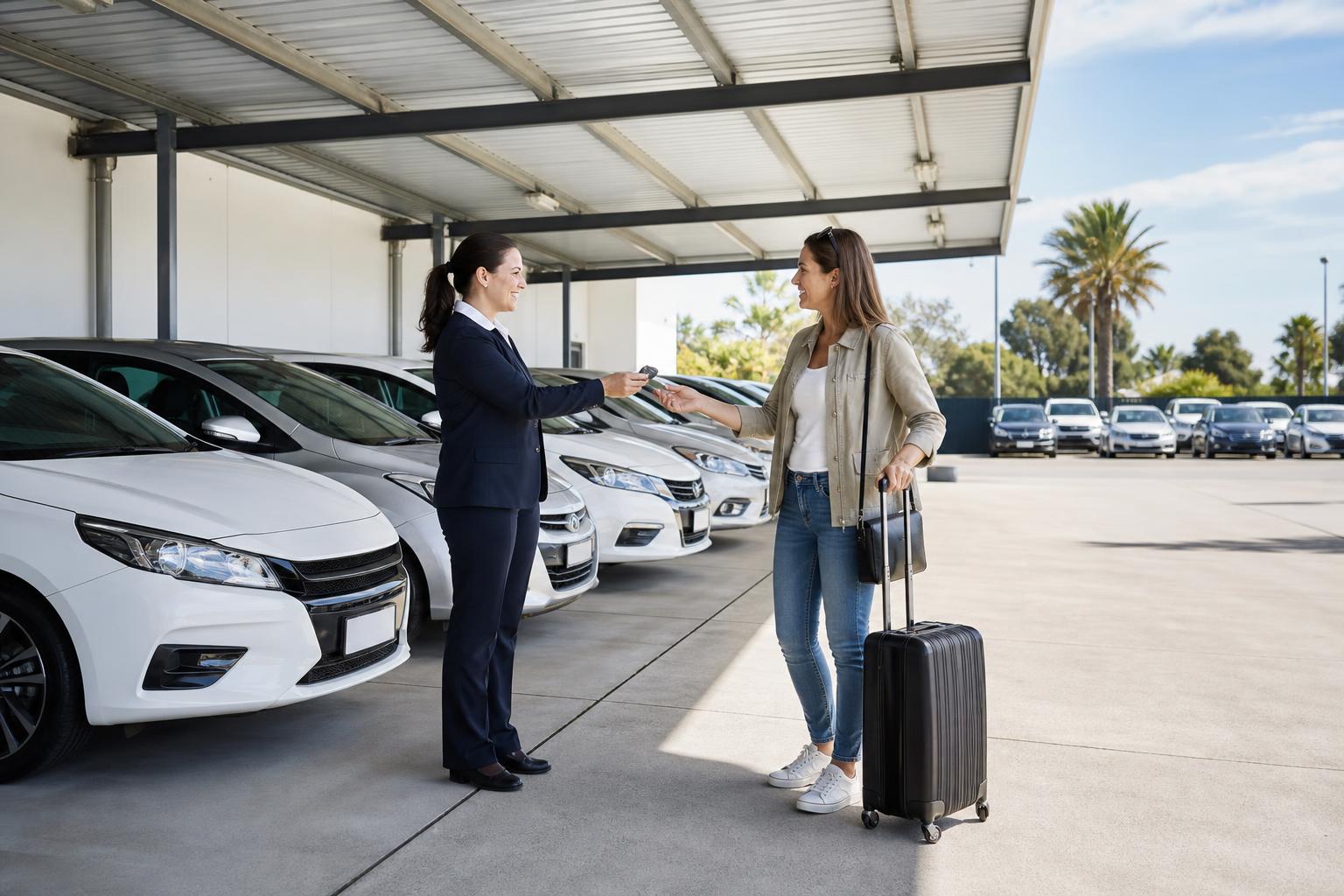 Australian car rental depot with a line of hire vehicles and a rental agent handing over keys