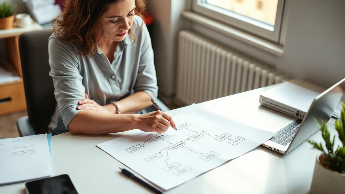 Australian business owner reviewing a hand-drawn workflow diagram beside a laptop